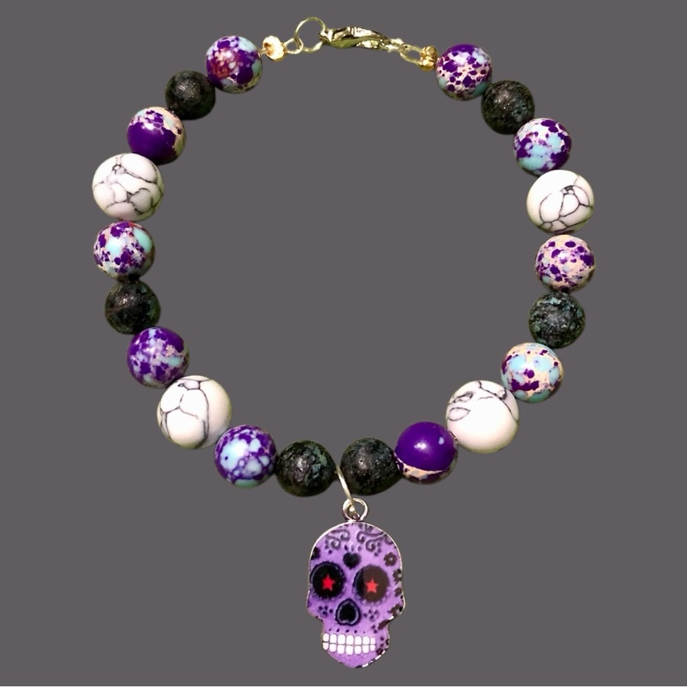 Purple and Black Beaded Skull Bracelet